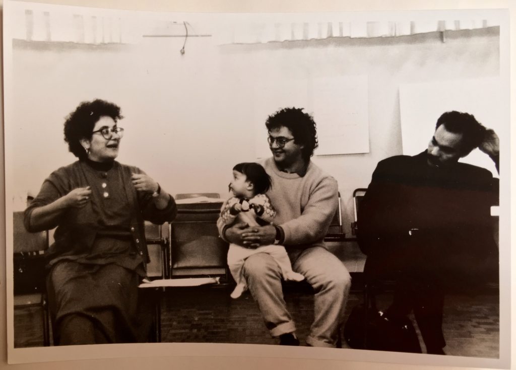 Auburn, 1991 - at a community advisory group meeting for Death Defying Theatre's 'Cafe Hakawati' (L-R) Alissar Chidiac, Ghassan Hage (with one year old Aliya May Hage) and Assad Abdi